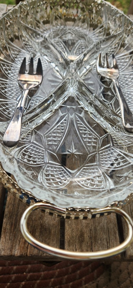 Vintage Sheffield England Clear Pressed Glass Divided Dish Silverplate Holder