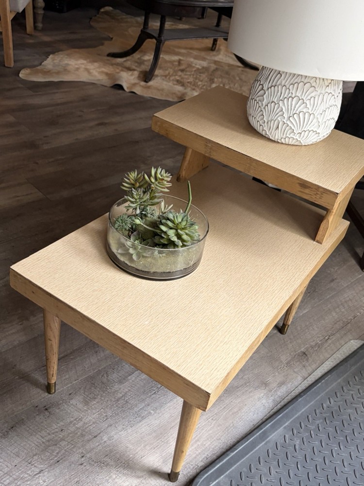 MCM Two Tier End Table Formica Top. Brass Capped Legs.
