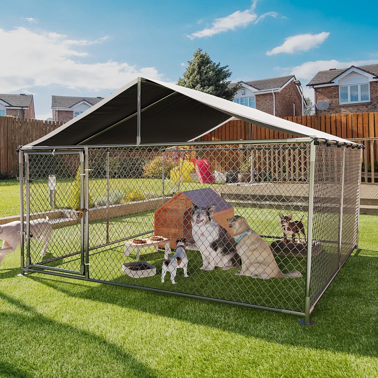 GRAVEE Large Dog Kennel Outdoor with Roof, Heavy Duty Pet Fence Enclosure