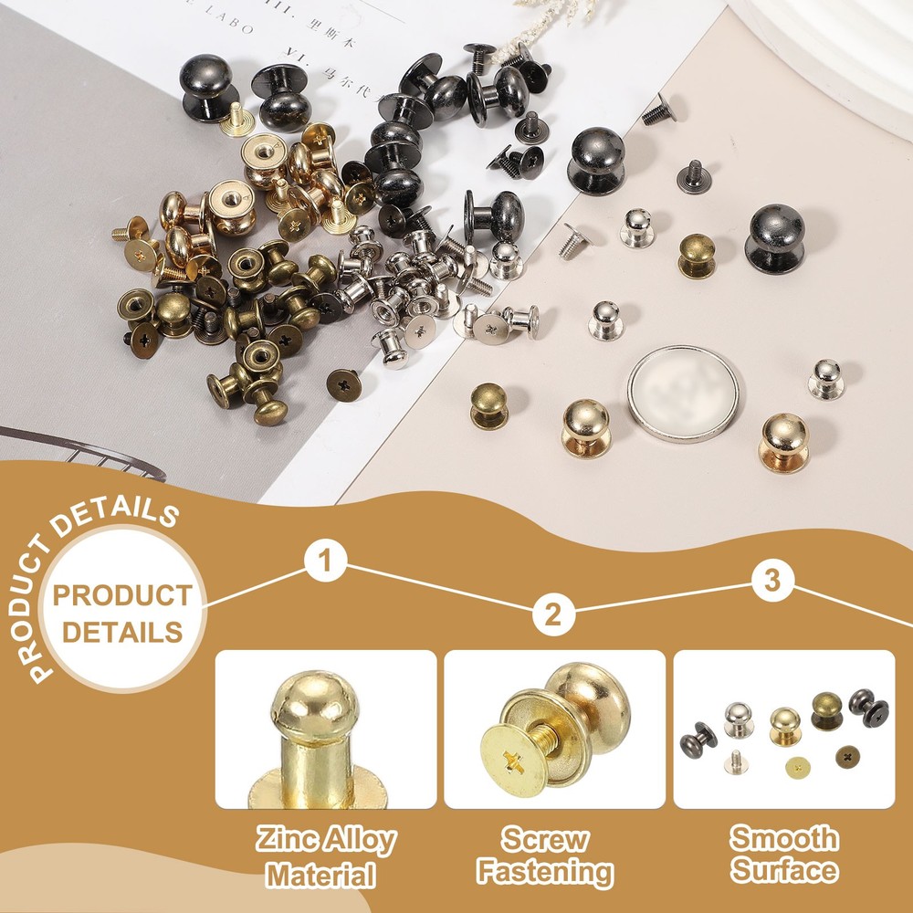 20Set 4mm Leather Rivets Ball Head Stud Screw Back Round Head Button Gold