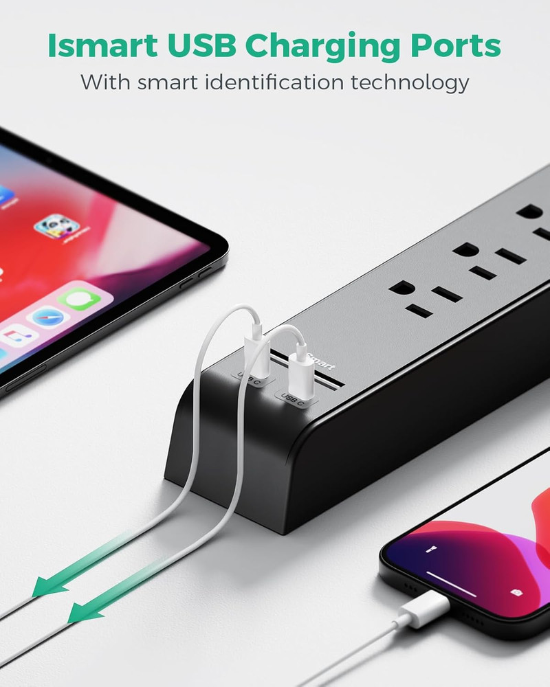 2 Pack Surge Protector Power Strip – 6 Outlets + 4 USB (USB-C), Flat Plug, 5FT C