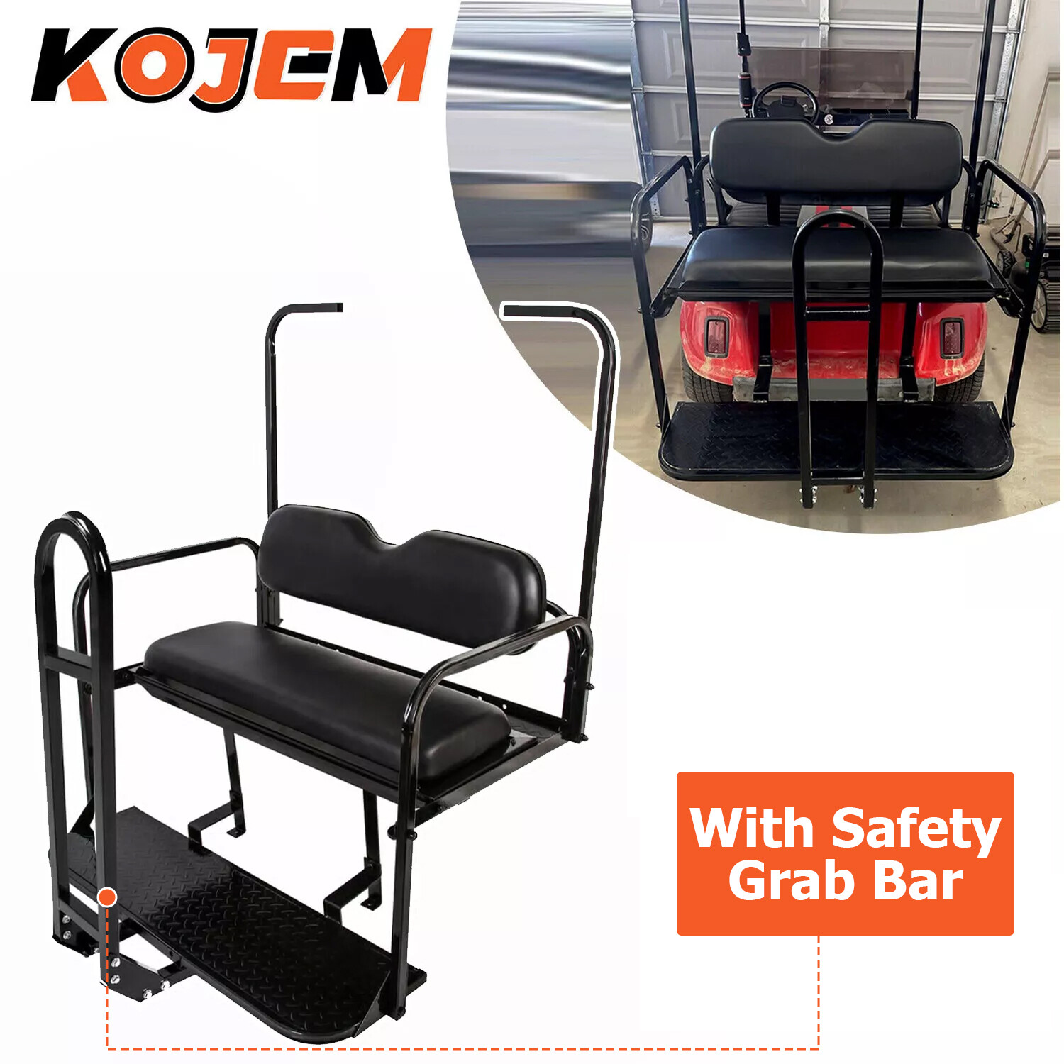 Rear Flip Seat Kit For EZGO Golf Cart TXT 1994-2013 (Black) With Grab Bar Handle