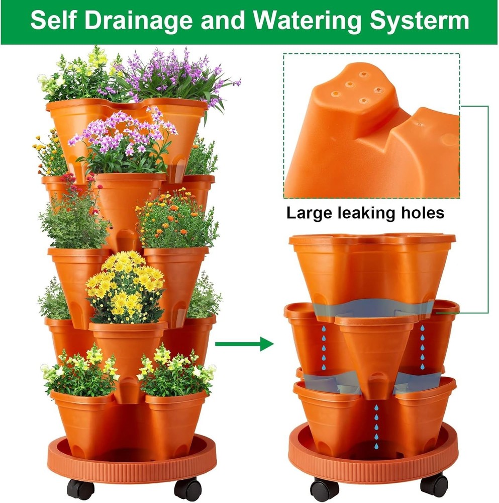 2 Set 5 Tier Stackable Planters Vertical Garden Pots with Wheels Indoor Outdoor