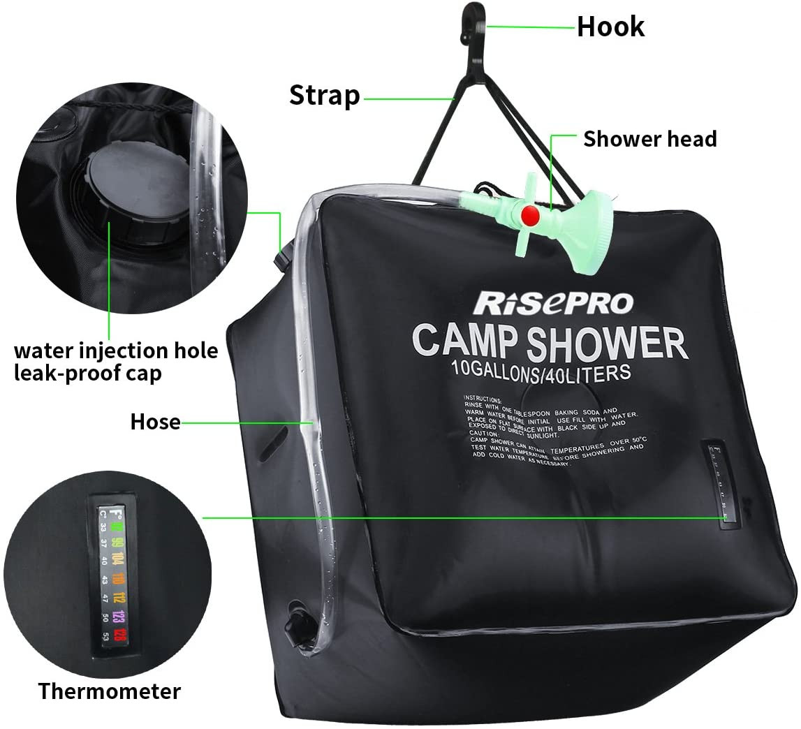 10 Gallons/40L Solar Shower Bag Solar Heating Camping Shower Bag with T