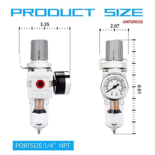 Compressed Air Filter Regulator 1/4" NPT Semi-Auto Drain, Metal Coupler&Plug