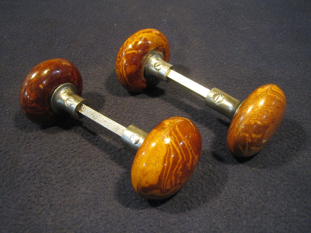 Pair Antique Brown Marble Swirl Tiger Eye Bennington Porcelain Door Knobs 1890's