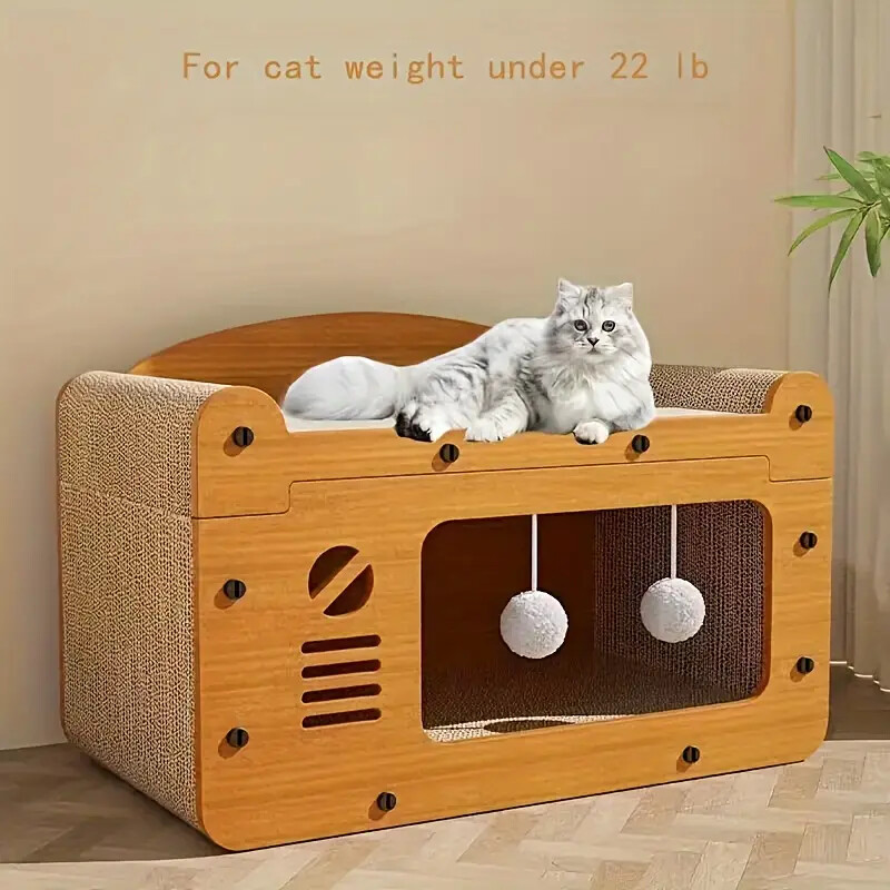 2-in-1 Cat Scratcher & Cozy Bed - Durable Cardboard Lounge Bed with Hanging Toys