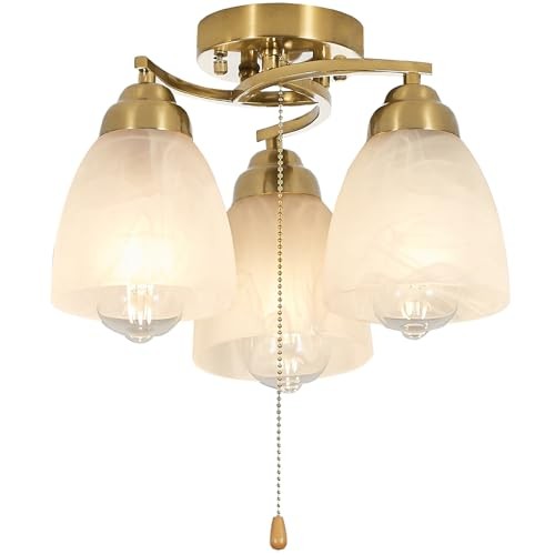 3-Light Flush Mount Ceiling Light with Pull Chain, Modern Lighting Golden