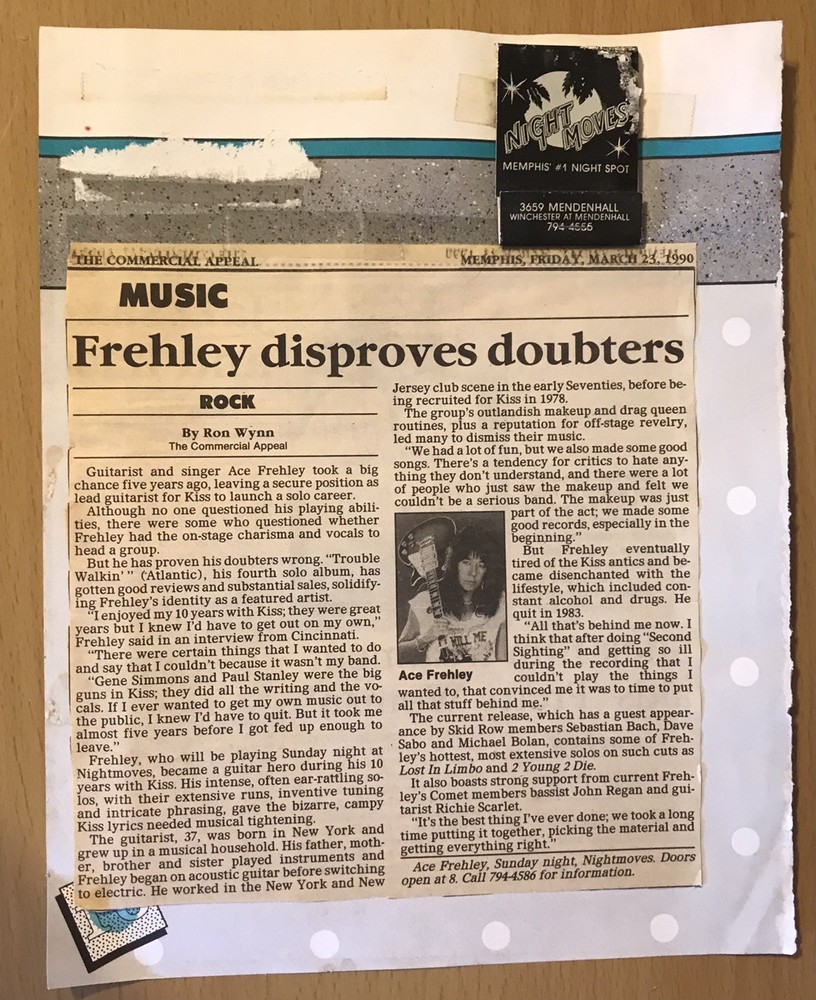 1990 ACE FREHLEY NIGHT MOVES MEMPHIS CONCERT ARTICLE MATCHBOOK SCRAPBOOK KISS