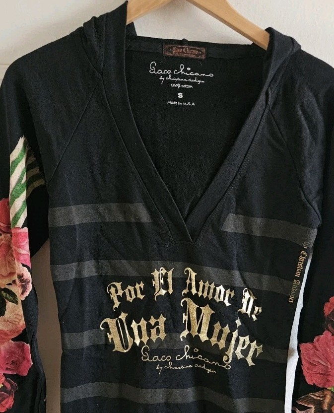 Paco Chicano by Christian Audigier V-Neck Hoodie Angel Floral Black L