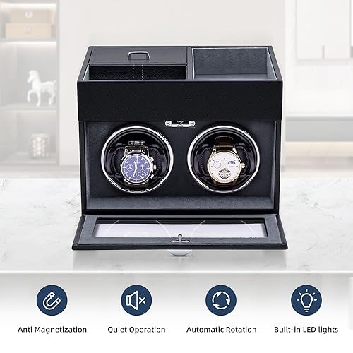 Automatic Double Watch Winder with Storage Box, Watch Winders for 2 Gray