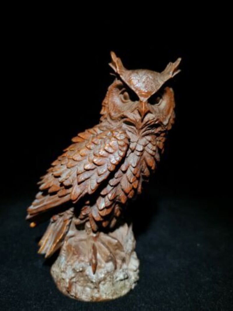 Vintage Wooden Owl Statue Sculpture Figurine Home Decor Boxwood Carved Bird Art