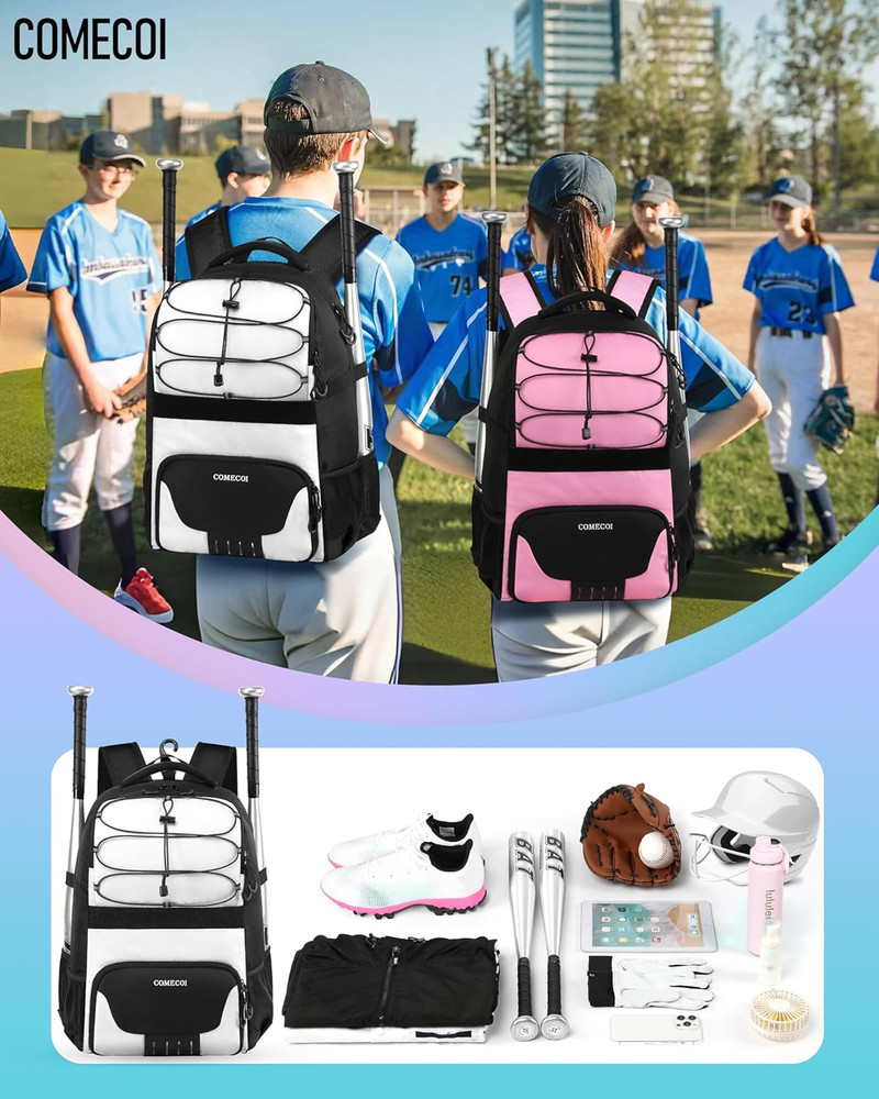 Softball Bag, Lightweight Baseball Backpack with Shoes Compartment, Baseball Bat