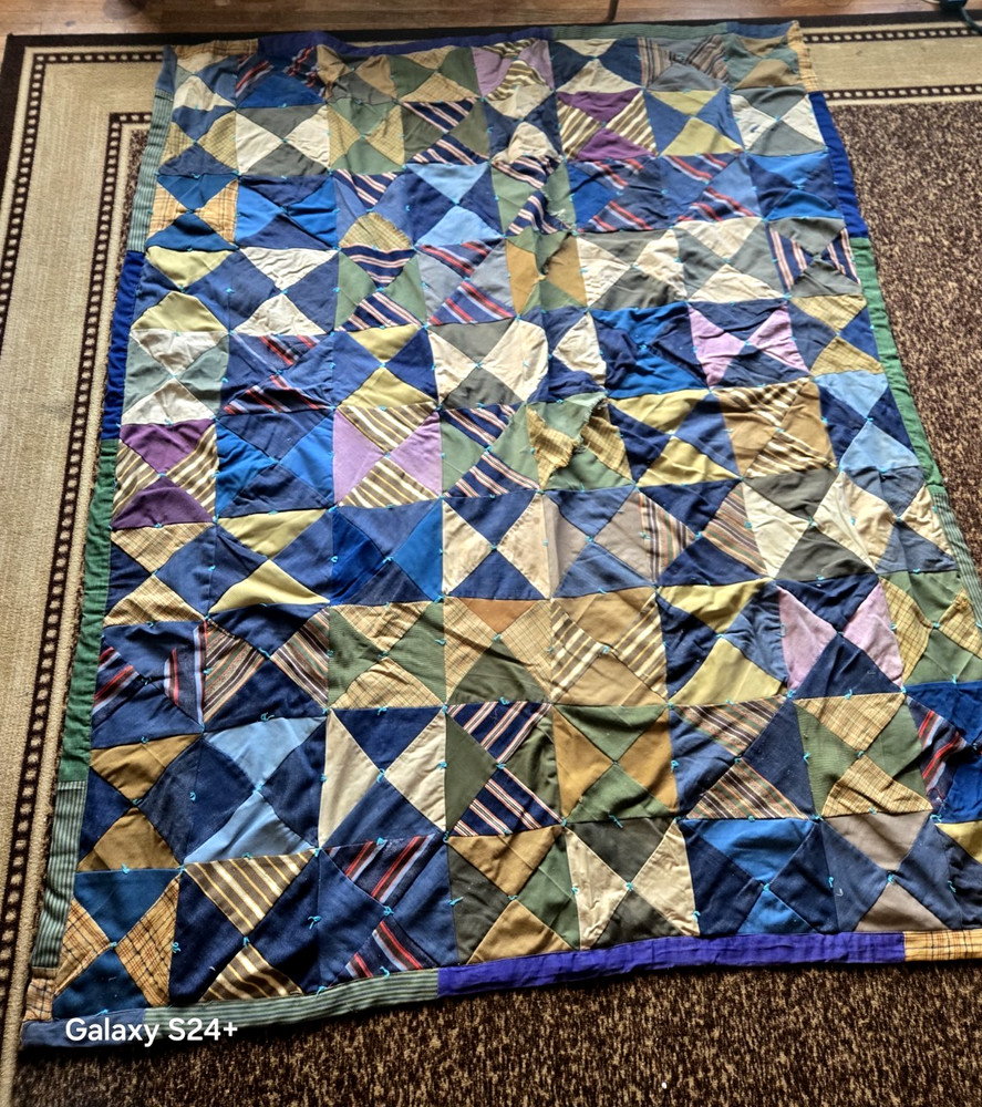 1940's Square Denim Scrap Quilt 60"x 74"