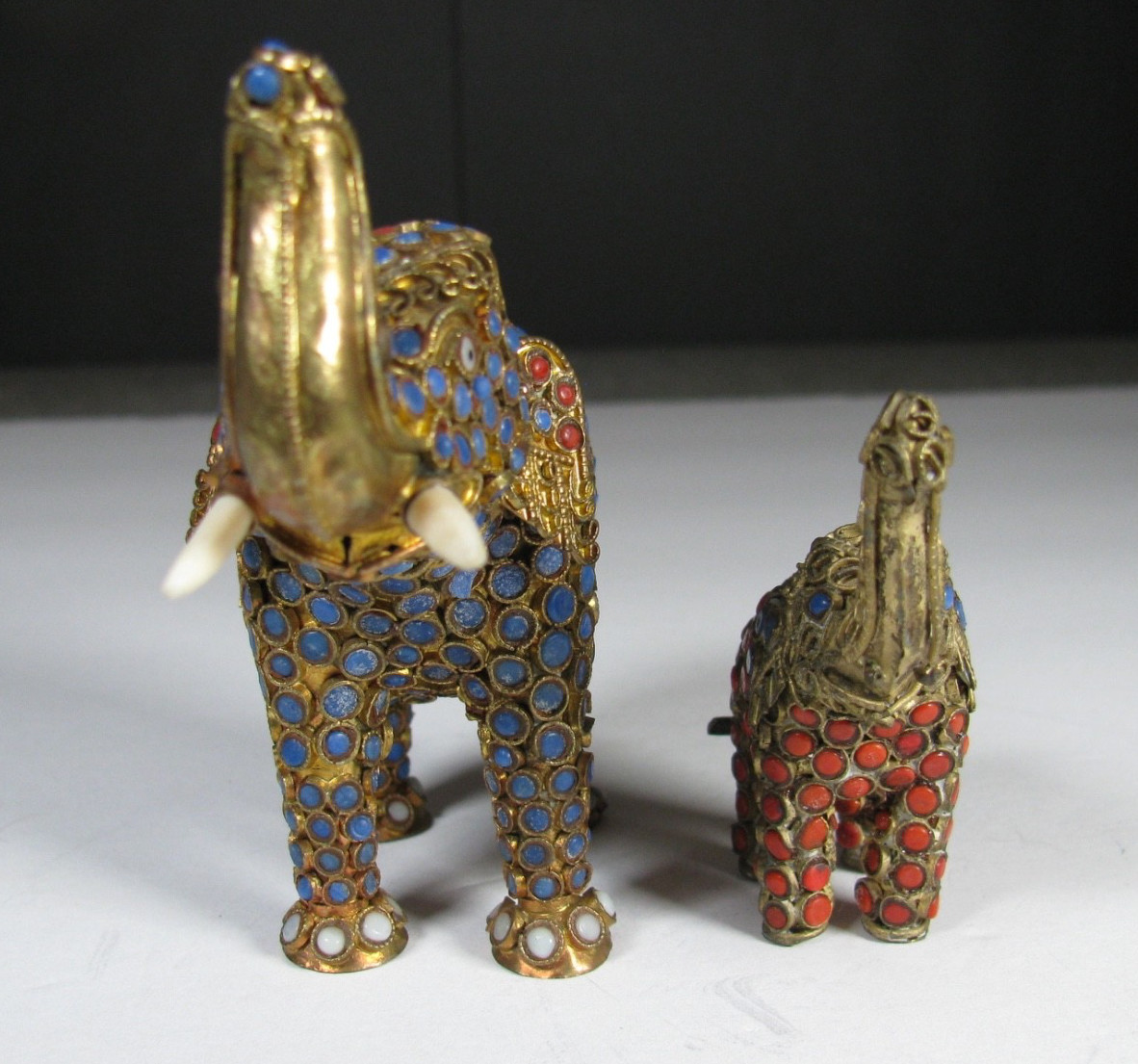 Lot 2 Vintag Tibet or Nepal Elephant Brass Lapis Coral Inlaid Filigree Figurine
