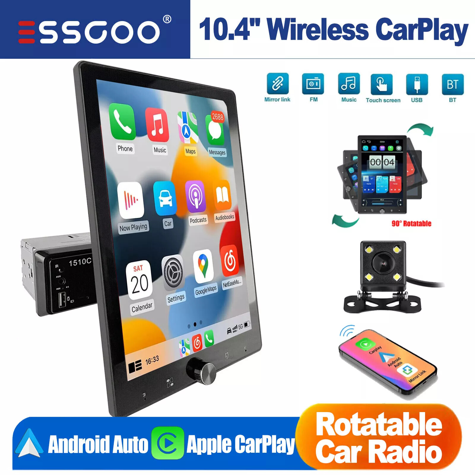 10.4" Single Din Touch Screen Stereo Bluetooth Radio Apple/Android Carplay+CAM