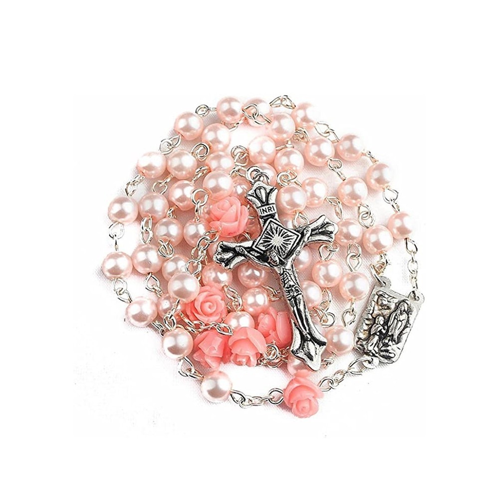 Catholic Rosary Our Rose Lourdes rosary with 6mm pink pearl beads (ROSJLM-PNK)