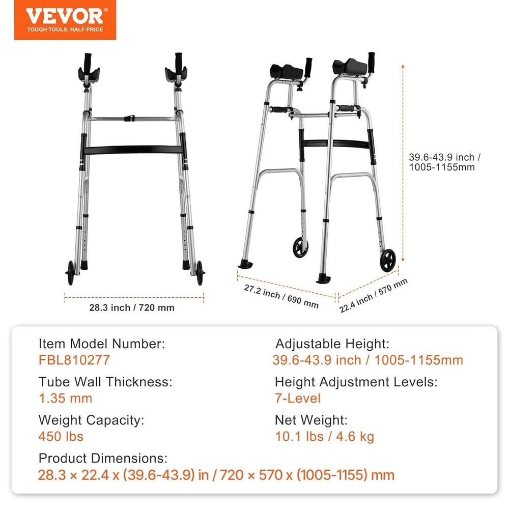 Sturdy Lightweight Folding Walker with 5" Wheels - Enhances Mobility Freedom
