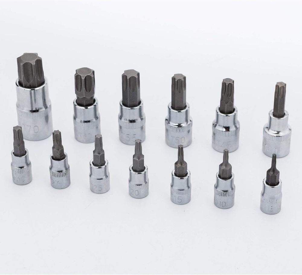 13PCS Drive Torx Bit Socket Set 1/4" 3/8" 1/2" T8-T70 Star Bit Socket Set Tool