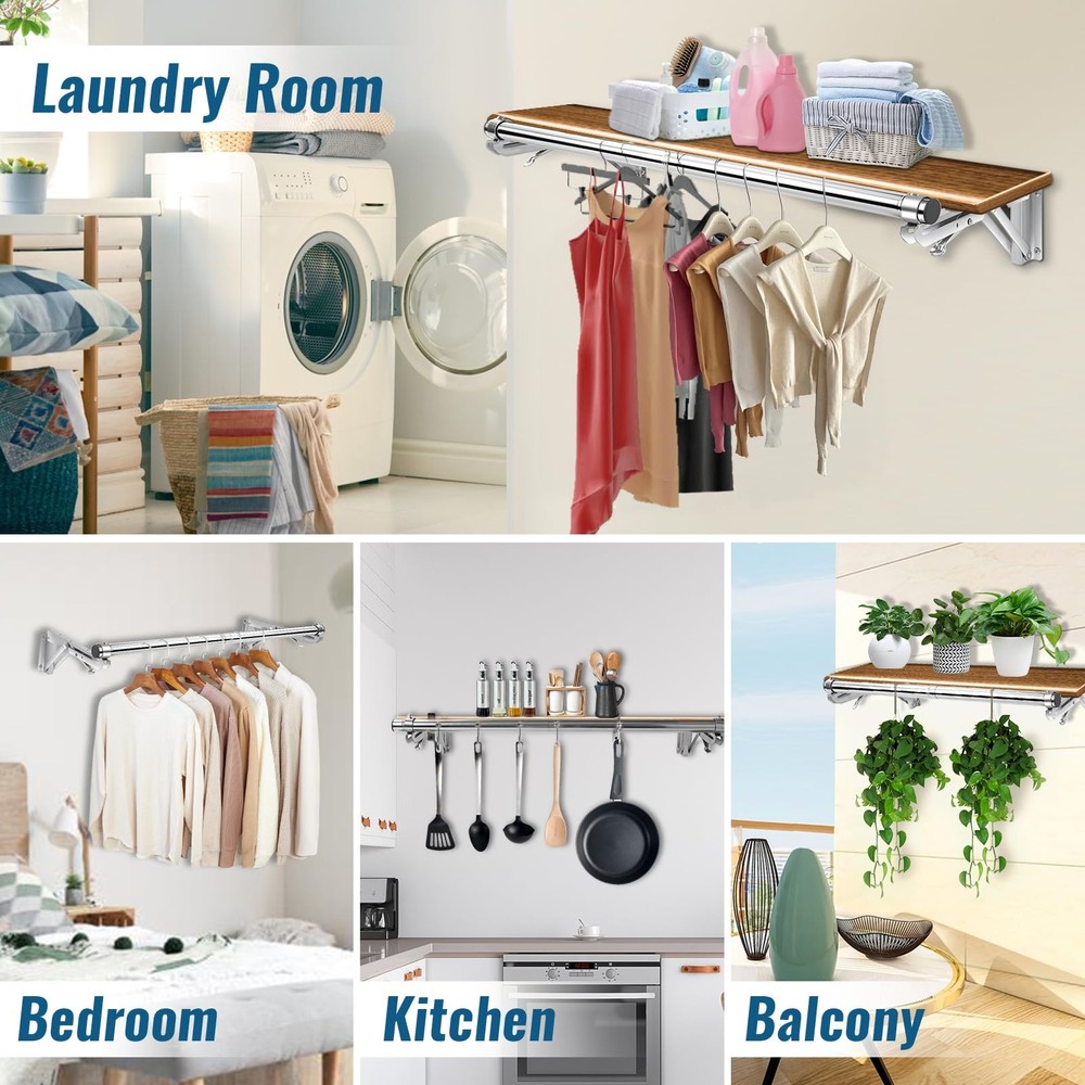 Foldable Wall Mounted Clothes Rack-30'' Long Rod&2 Thick Bases,Stainless Stee...