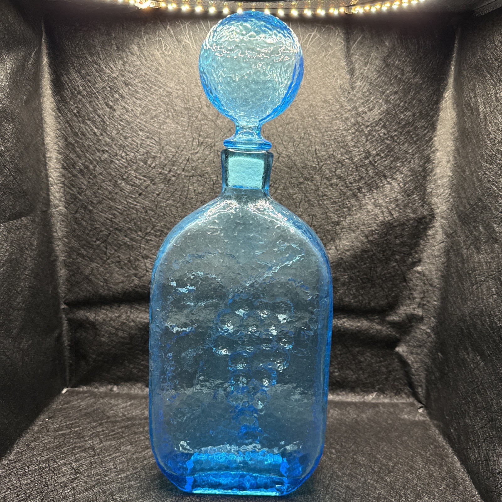 Blue Vintage MCM Italian Glass Wine Bottle /Decanter Grapes Leaves 11.25”