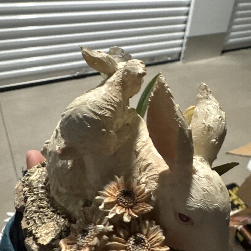 White Bunny Rabbits Spring Easter Figurine 5x3" Metal Flowers Rustic EUC