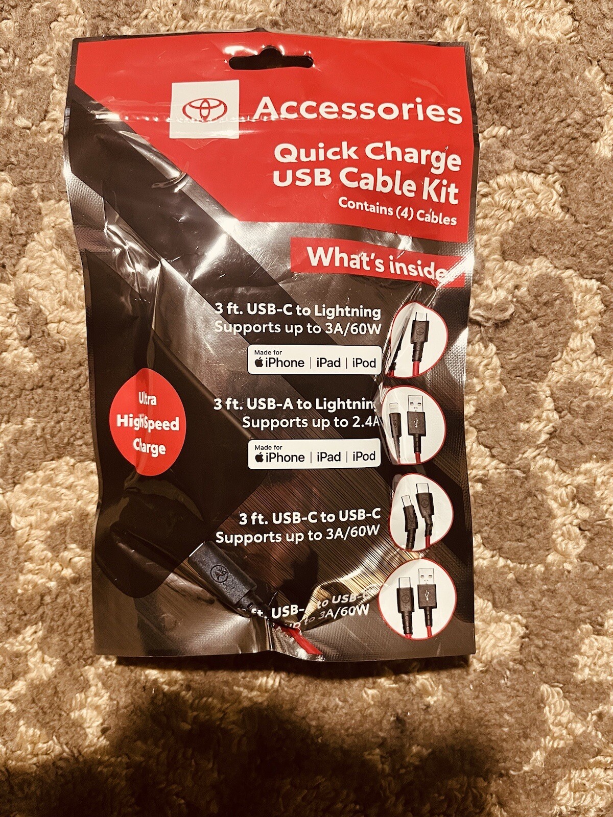 OEM TOYOTA QUICK CHARGE USB CABLE KIT PTQ76-00230 IPHONE ANDROID USBA USBC NEW