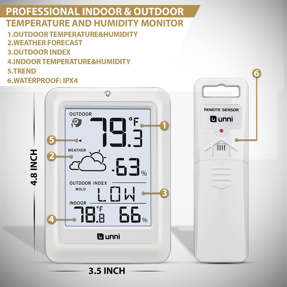 Wireless Indoor Outdoor Thermometer with Remote Sensor & Backlight Display