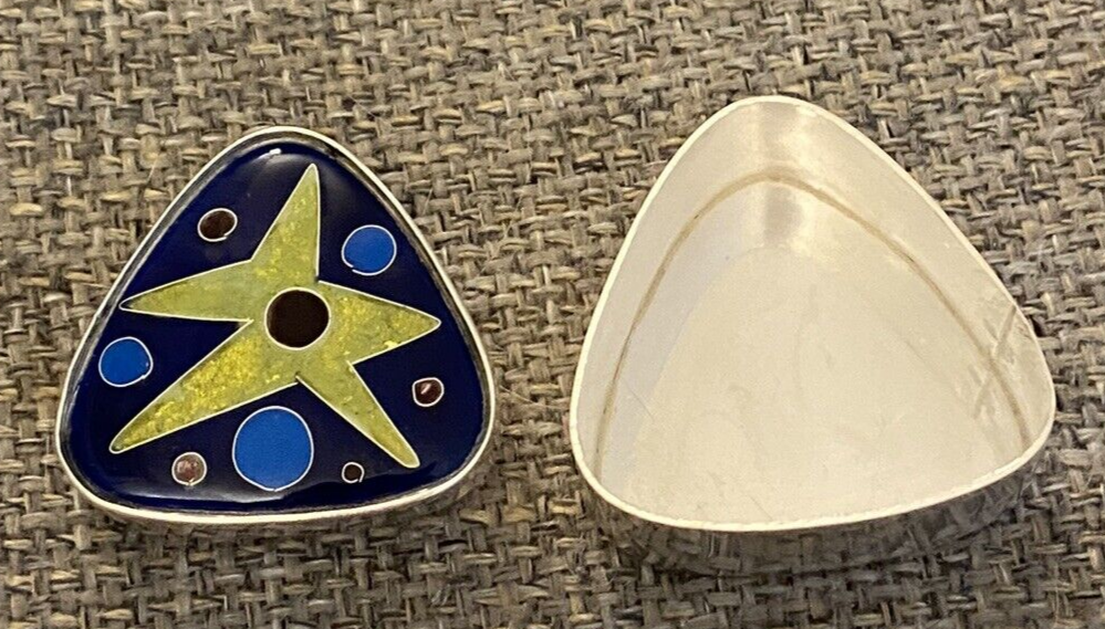Hilda Kraus Mid Century Modern Sterling Silver & Enamel Triangular Box Signed