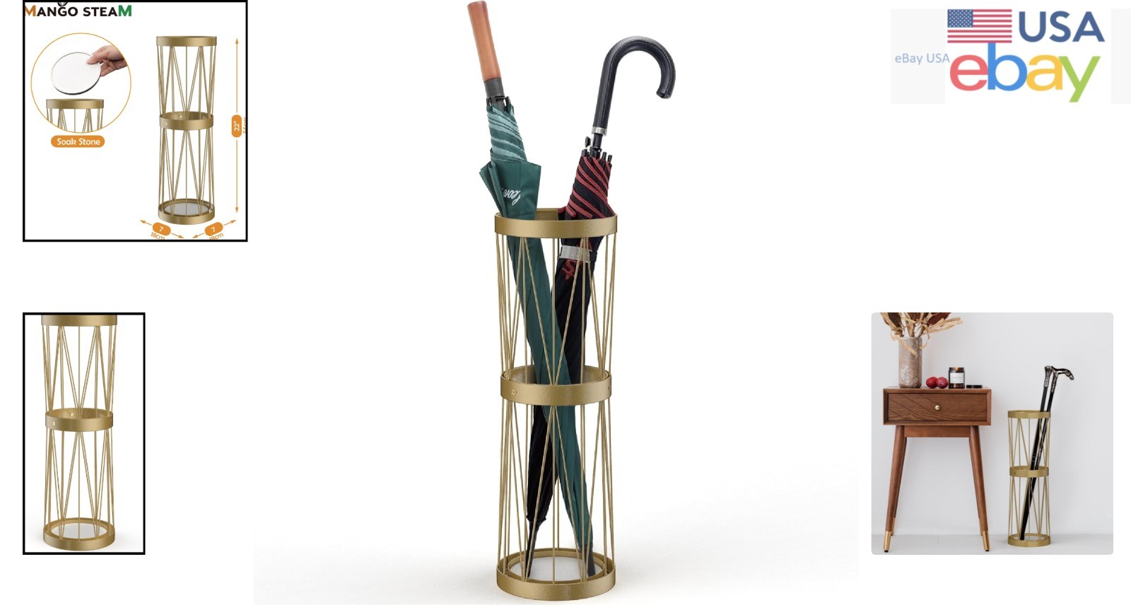 Rustic Modern Umbrella Stand in Gold, Includes Soakstone Water Absorption Tray