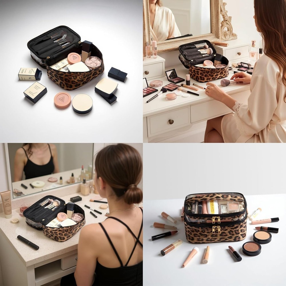 Double Layer Leopard Makeup Bag Travel Cosmetic Case Waterproof