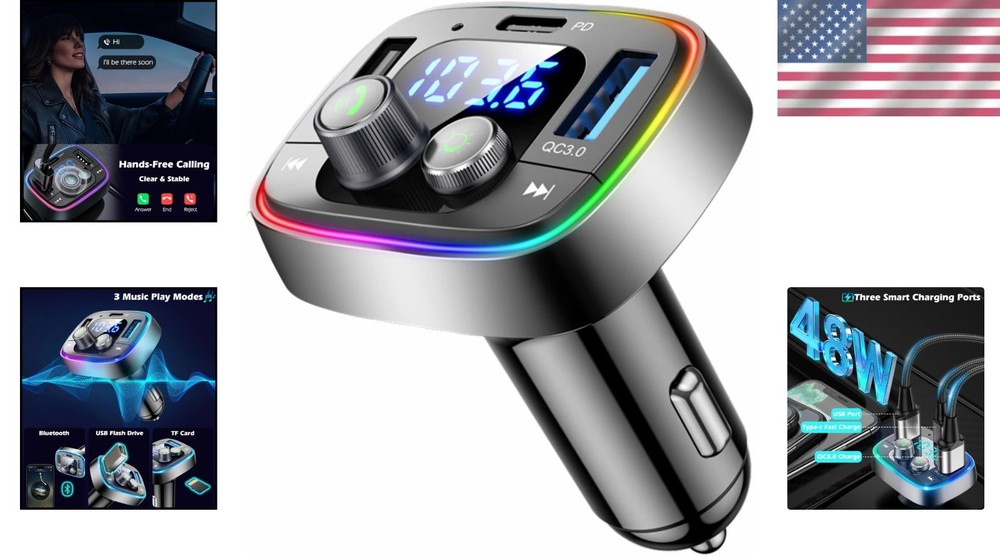 Luxurious USB C Bluetooth 5.4 Car Adapter with FM Transmitter & Fast Charging