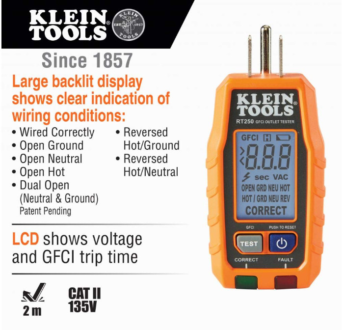 Klein Tools RT250 GFCI Outlet Tester with LCD Display, Electric Voltage Tester