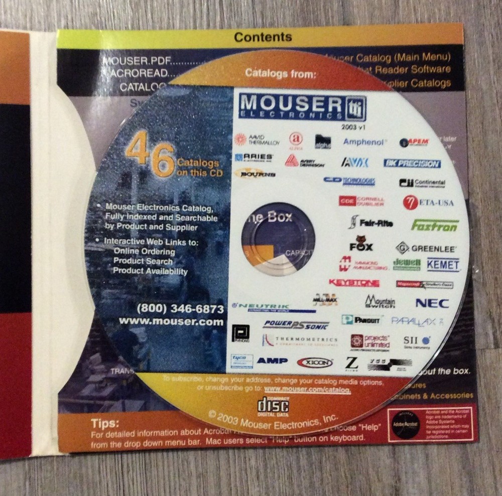 Mouser Electronics CD-ROM, 46 Catalogs: AMP, NEC, Cornell Dubilier, BK Precision