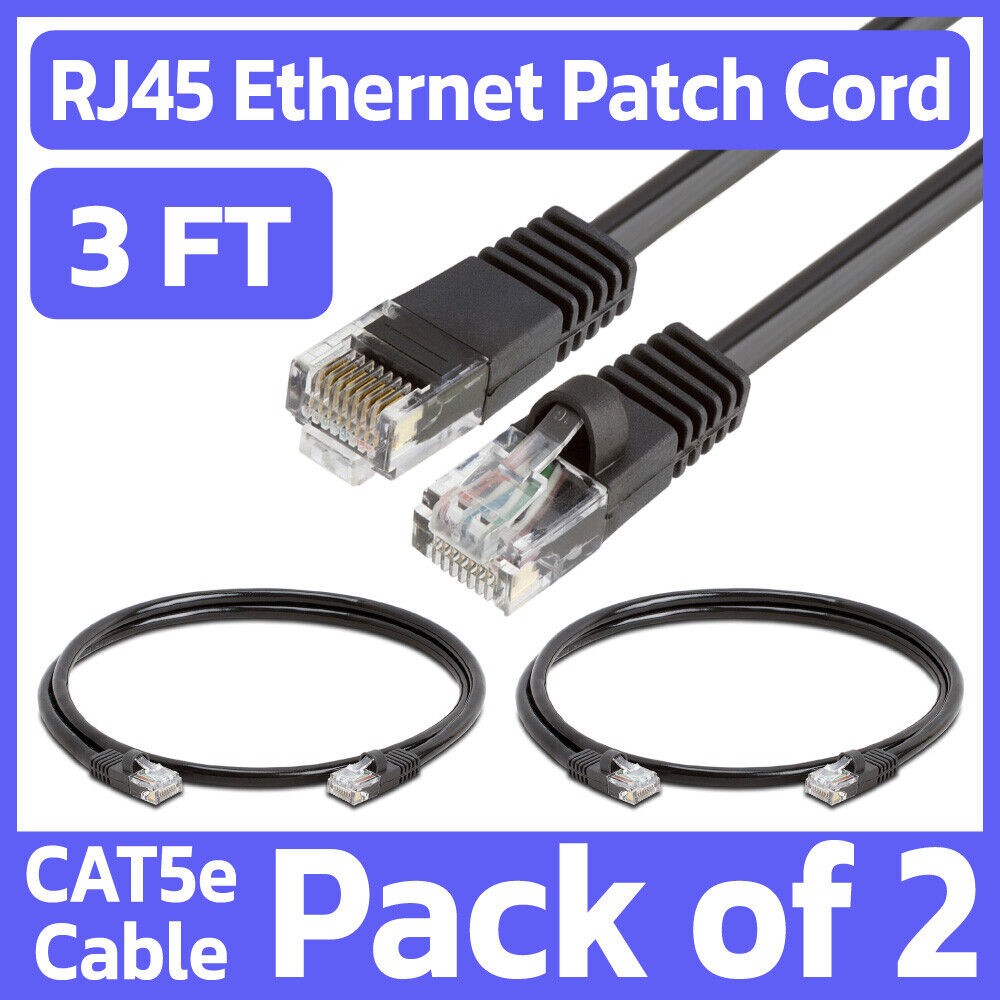2 Pack Black Cat5e RJ45 Ethernet Patch Cord 3ft Internet Wire LAN Network Cable