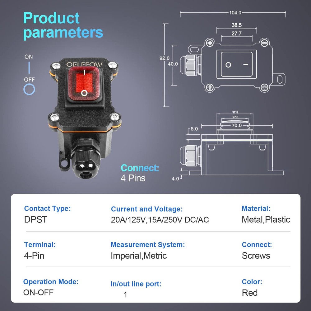 OELFFOW Waterproof On Off Toggle Switch with Red Light Rocker Button Inline C...