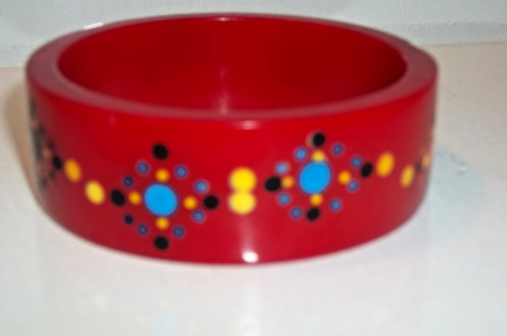 GORGEOUS! "Red Slice" Bakelite Bracelet Multi Inlaid dots