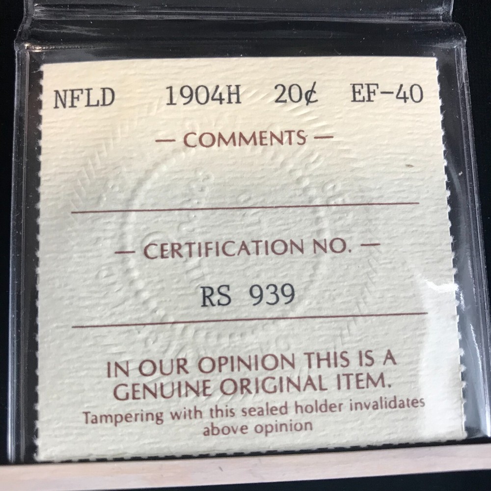 1904H ICCS Graded Newfoundland, 20 Cent, **EF-40**