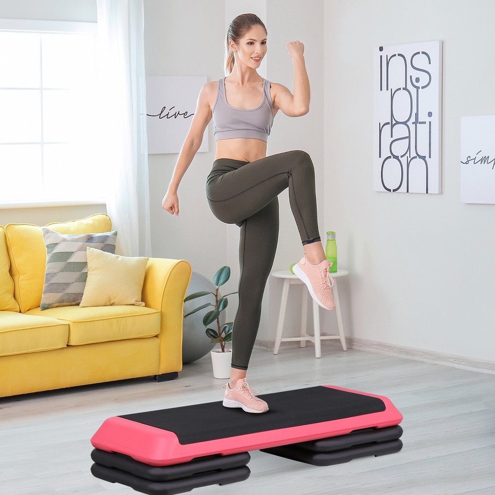 43" Aerobic Exercise Step Platform Adjustable Stepper with 4 Risers for Gym Pink