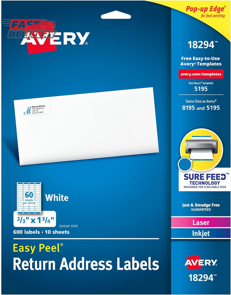 Avery Printable Return Address Labels with Sure Feed Technology, 2/3" X 1-3/4",