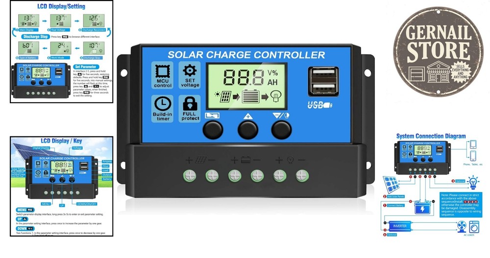 30A Solar Panel Regulator with Intelligent LCD Display & Dual USB Charging
