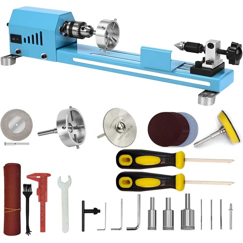 Mini Woodworking Lathe Adjustable Chuck HSS Turning Tool High Torque Motor