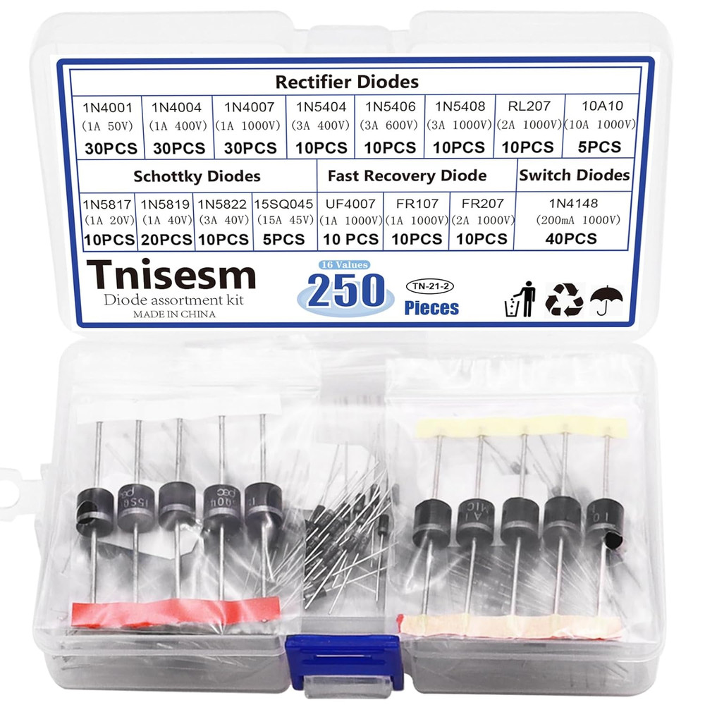 250 Pcs 16 Values Rectifier/Schottky/Fast Recovery/Switch Diode Assortment Kit,1