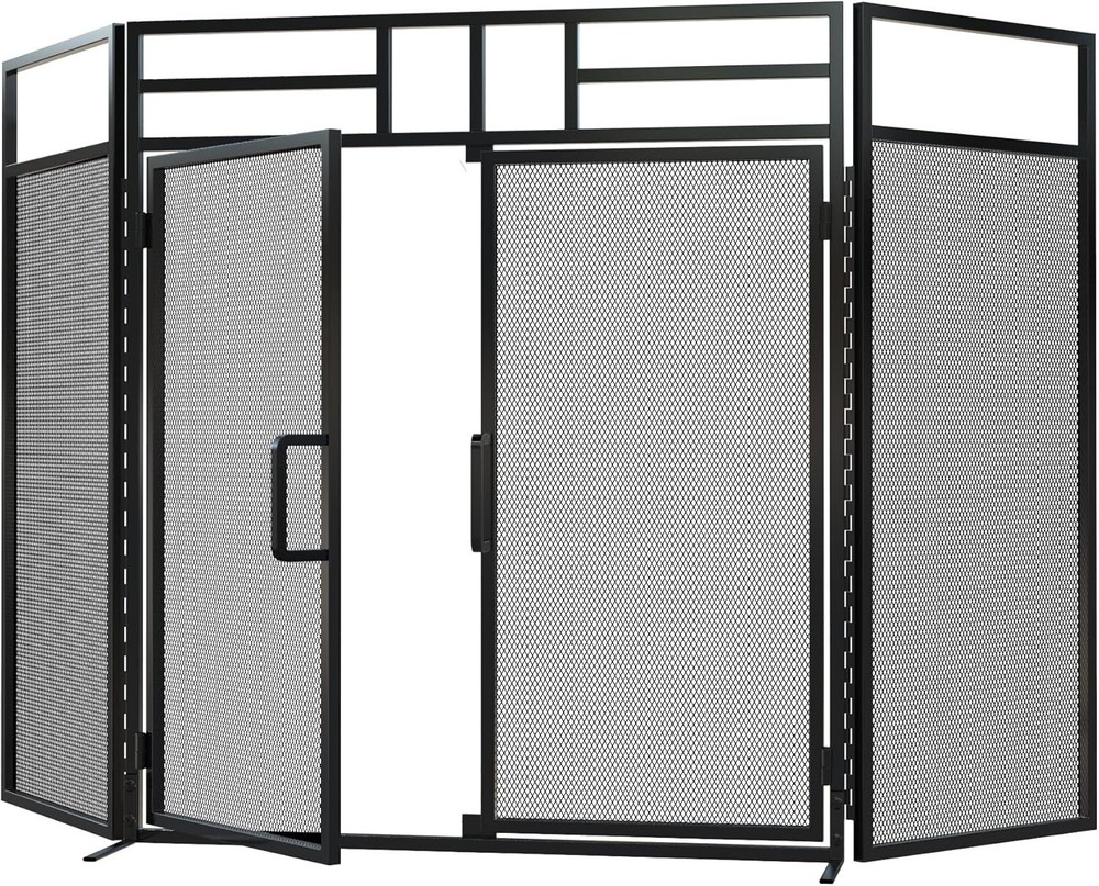 3-Panel Folding Fireplace Screen with Magnetic Hinged Doors, Solid Wrought Ir...