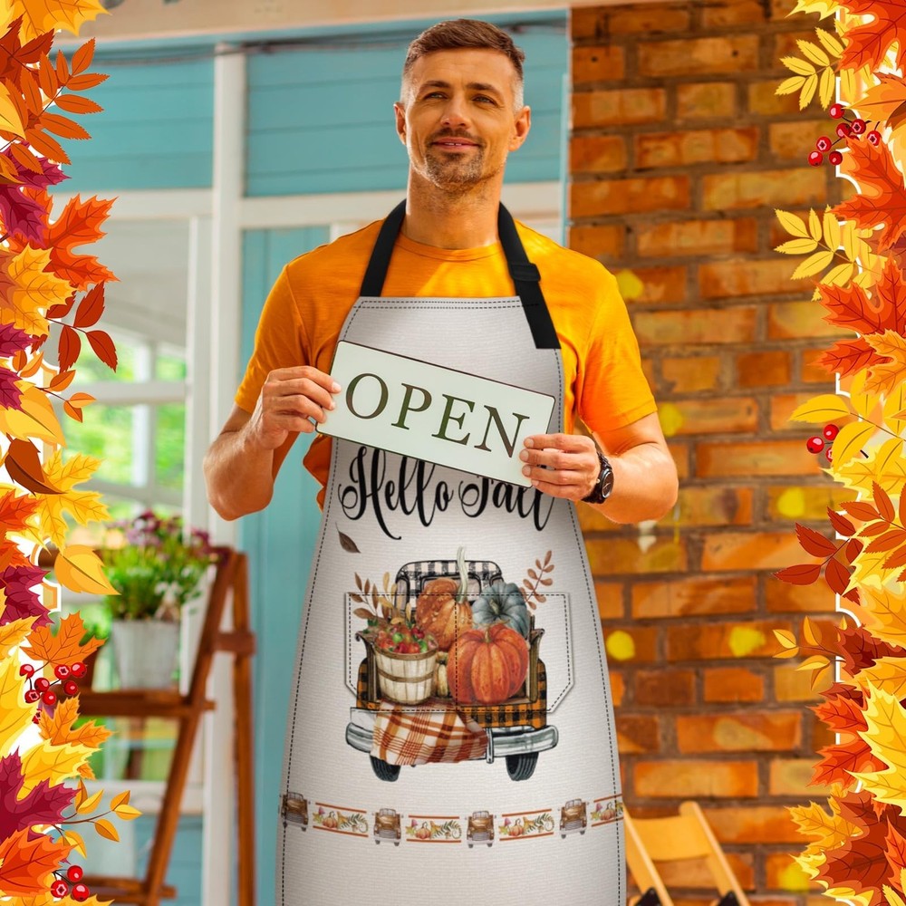 6 Pcs Fall Aprons with Pockets Waterproof Pumpkin Kitchen Aprons Adjustable C...