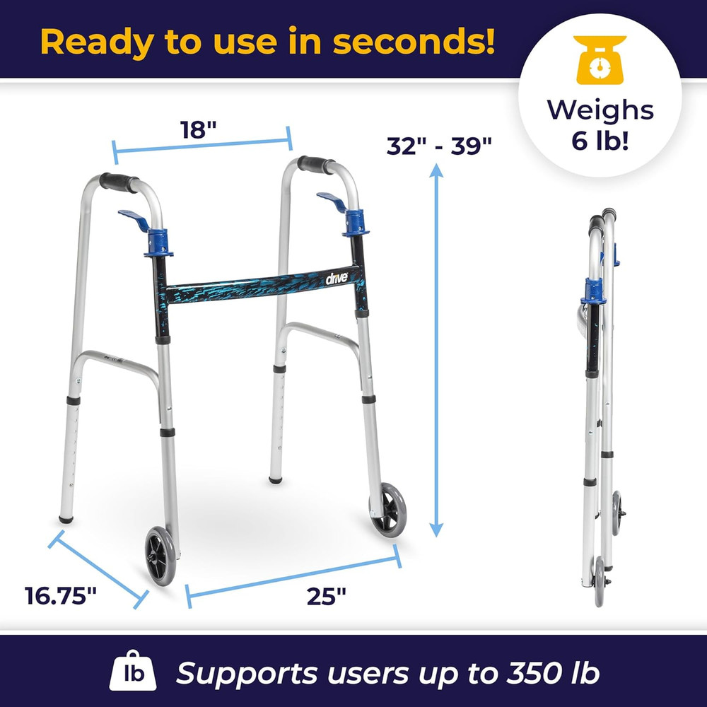 Trigger Release Folding Walker - Lightweight Brushed Steel Design - Easy Trig...