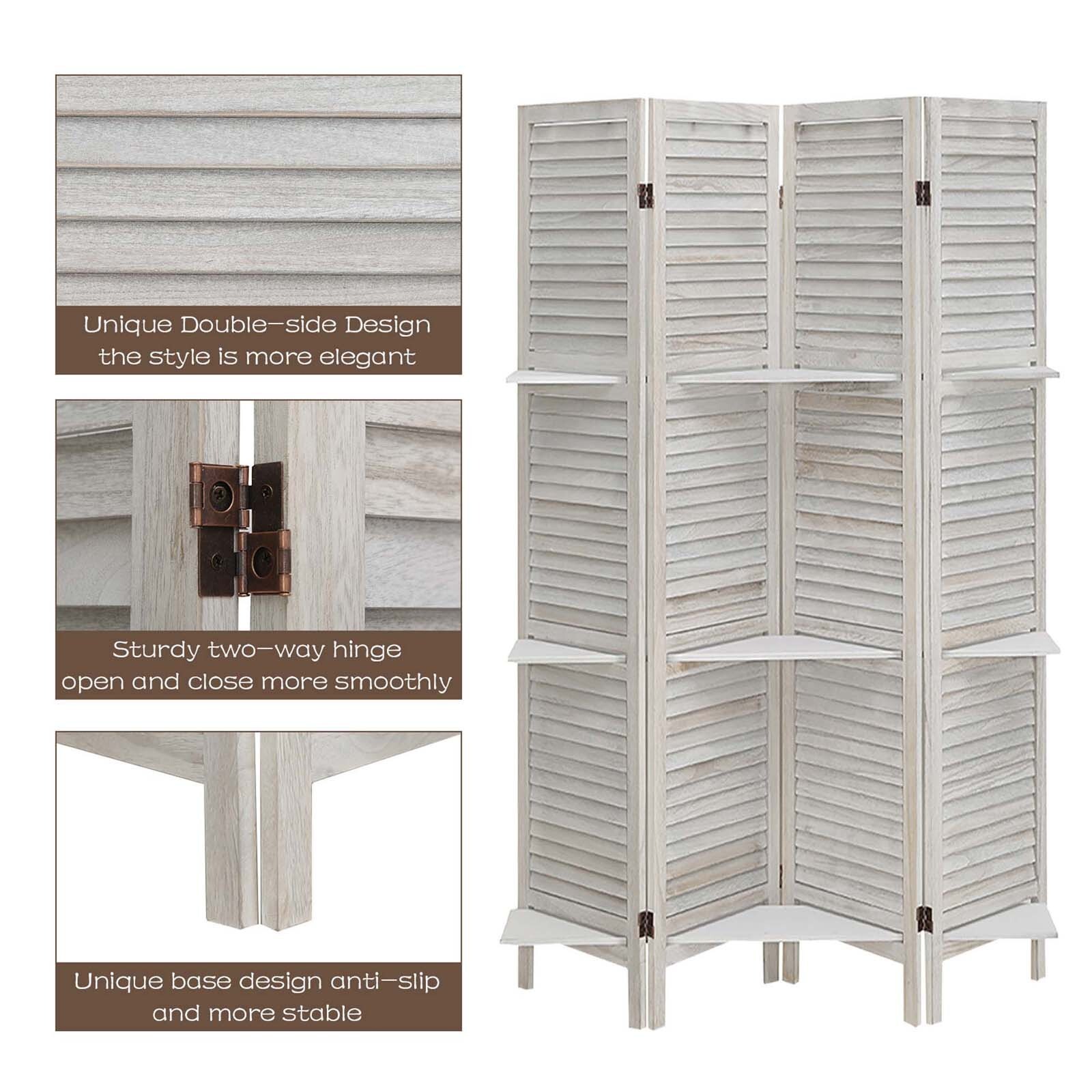4 Panel Wood Room Divider Folding Screen Partition Freestanding with Shelves