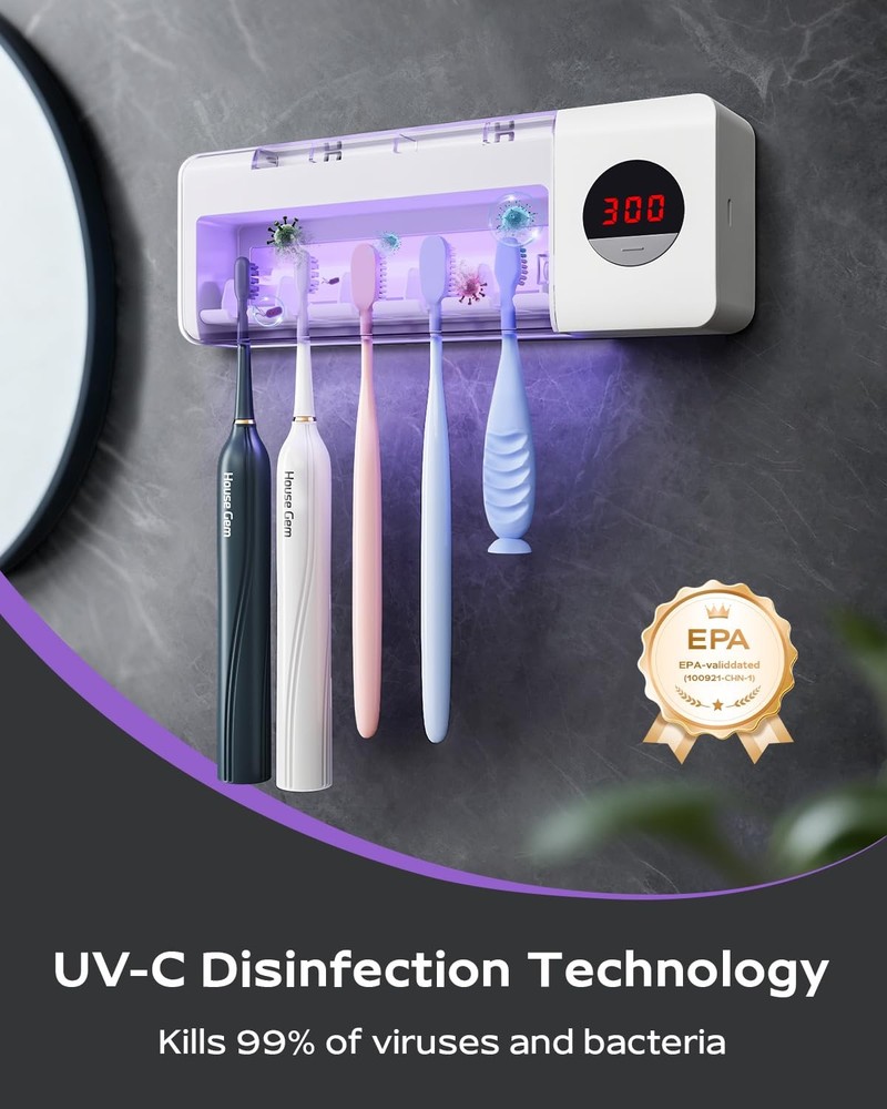 HouseGem Toothbrush Holder, Timer Function, 2000mAh Rechargeable Cordless Wal...