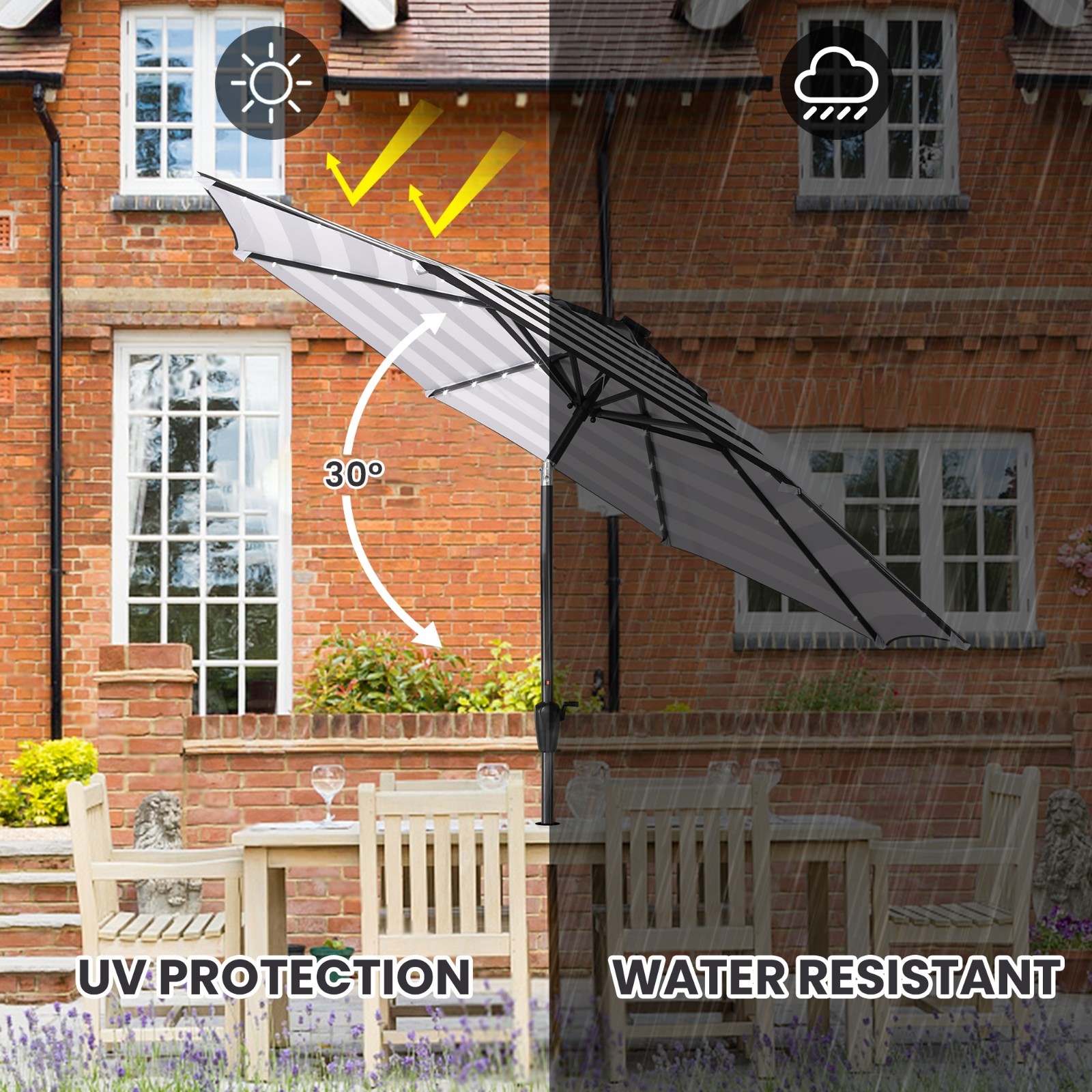 Sun-Ray9 Round Patio Umbrella with Solar Powered LED Lights, Tilt and Crank Lift