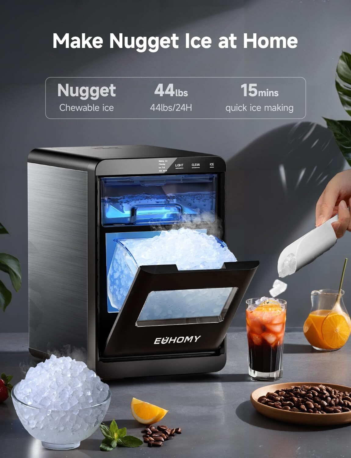 Nugget Ice Maker Countertop 44Lbs/24H Pebble Ice Maker Machine, Self Cleaning